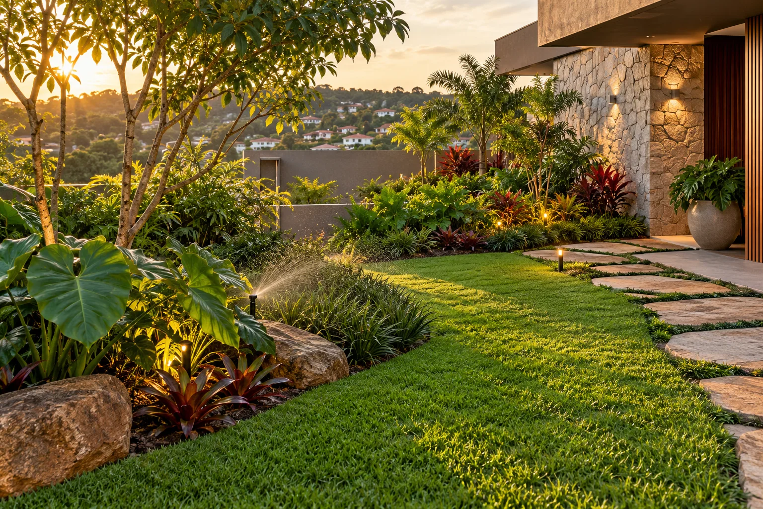 Imagem ilustrativa de jardim residencial com plantas, gramado, caminho e iluminação discreta